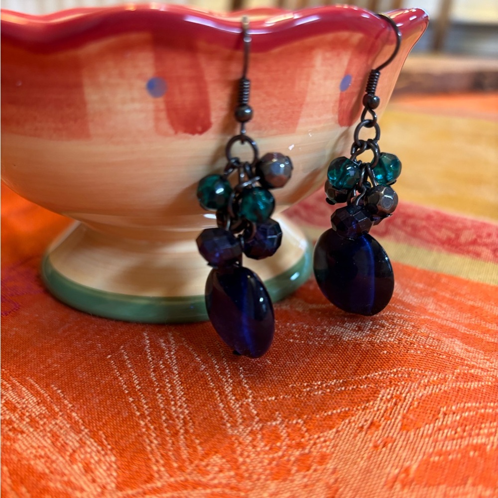 Gun metal tone Elegant Blue and Green Dangle Earrings.